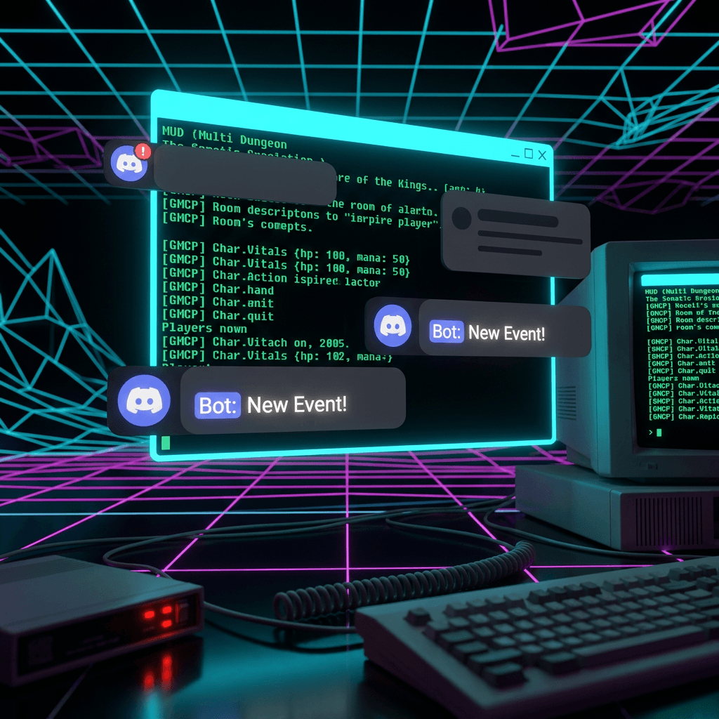 Discord webhooks and bot APIs vs Telnet and GMCP event hero illustration