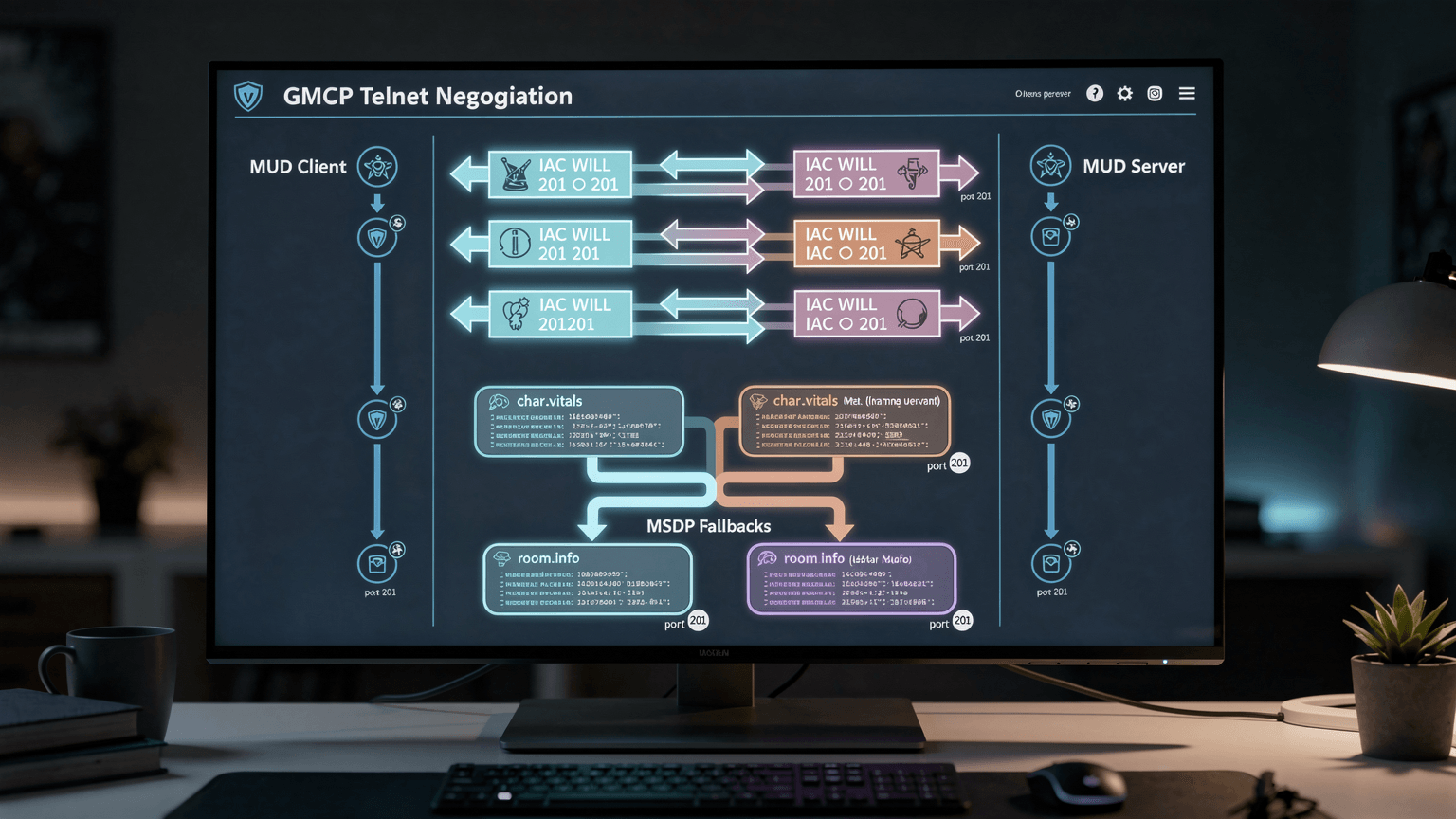 Mudlet vs Telnet option negotiation vs JSON payload debug hero illustration