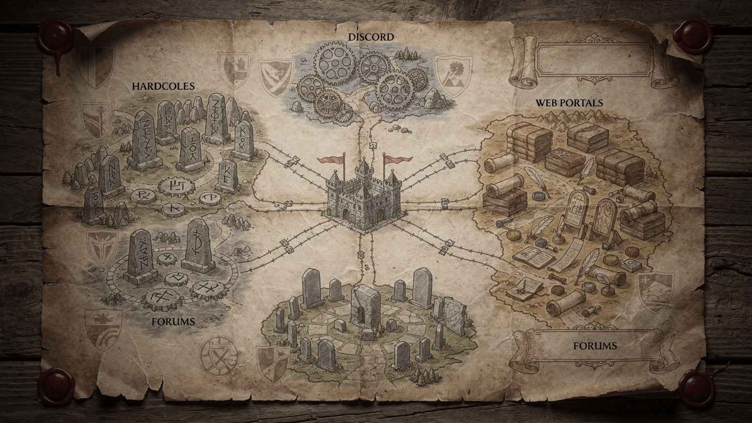 Guild chat channels vs Faction reputation systems vs Disc hero illustration